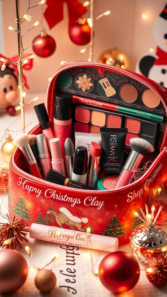 A Christmas makeup bag filled with beauty essentials like lipsticks and eyeshadows, decorated with holiday designs.